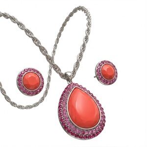 Vintage-Style Red Teardrop Necklace & Stud Earring Set with Crystal Halo